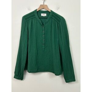 Xirena Green Cotton Gauze Smocked Shoulder Henley Blouse Top XL Made in USA
